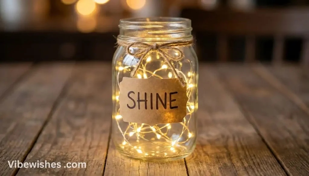 Mason jar filled with fairy lights and a "SHINE" label for an August 19th birthday