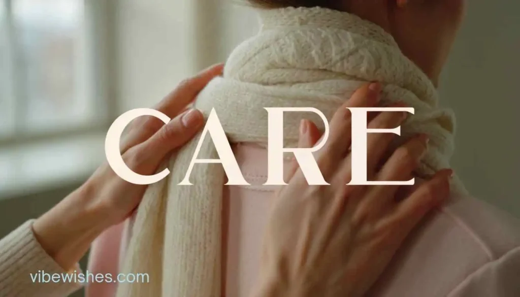 Hands adjusting a warm scarf with CARE text for an August 22 birthday blessing