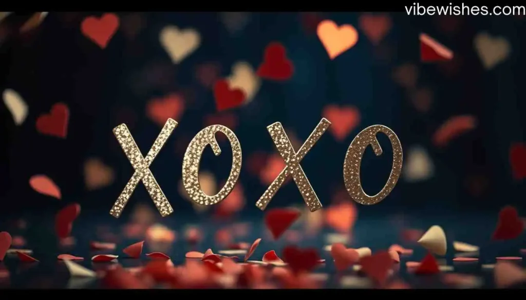 Sparkling gold XOXO text surrounded by floating red and pink hearts for an August 28 birthday.