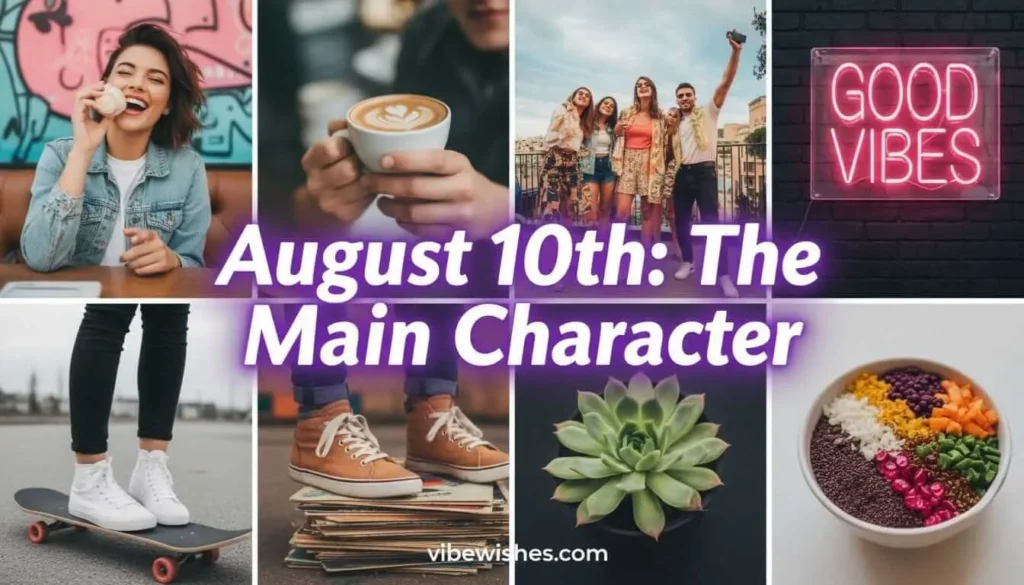 A creative lifestyle collage of coffee, friends, and travel, highlighting August 10th birthday the main character energy.