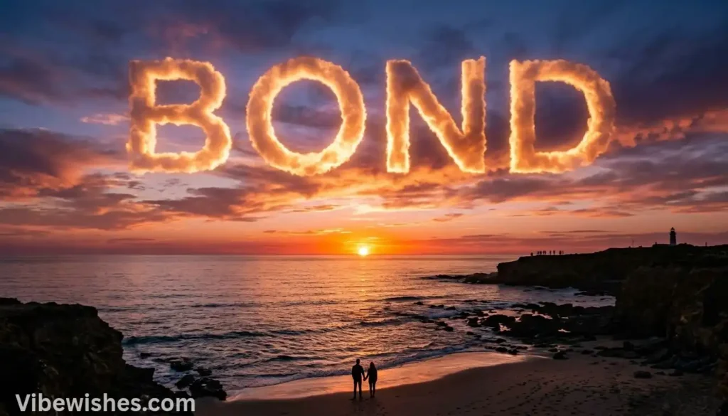 Couple silhouette on a beach looking at sunset and the word Bond in clouds