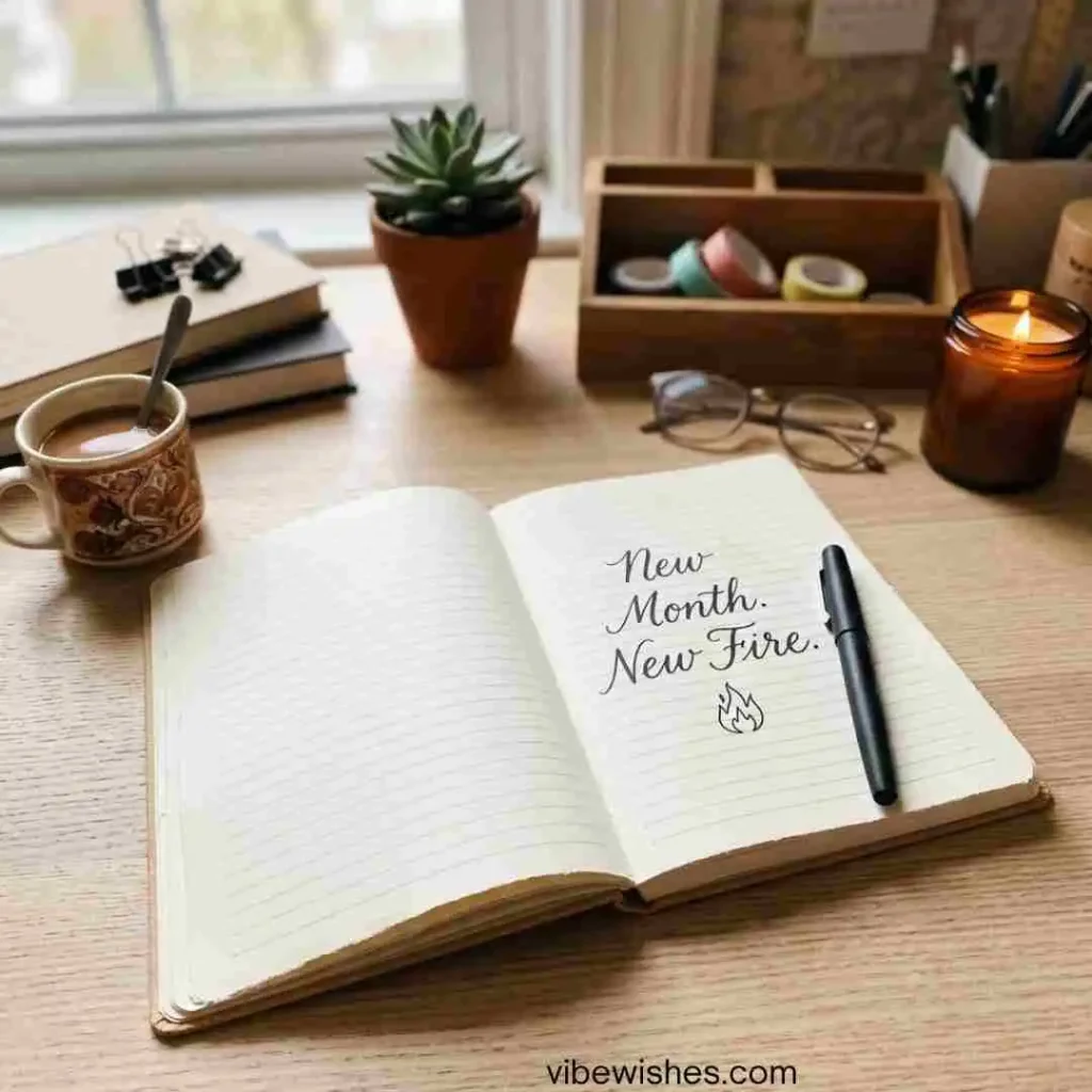 A neat desk with a notebook that says New Month New Fire for august 1 birthday quotes.