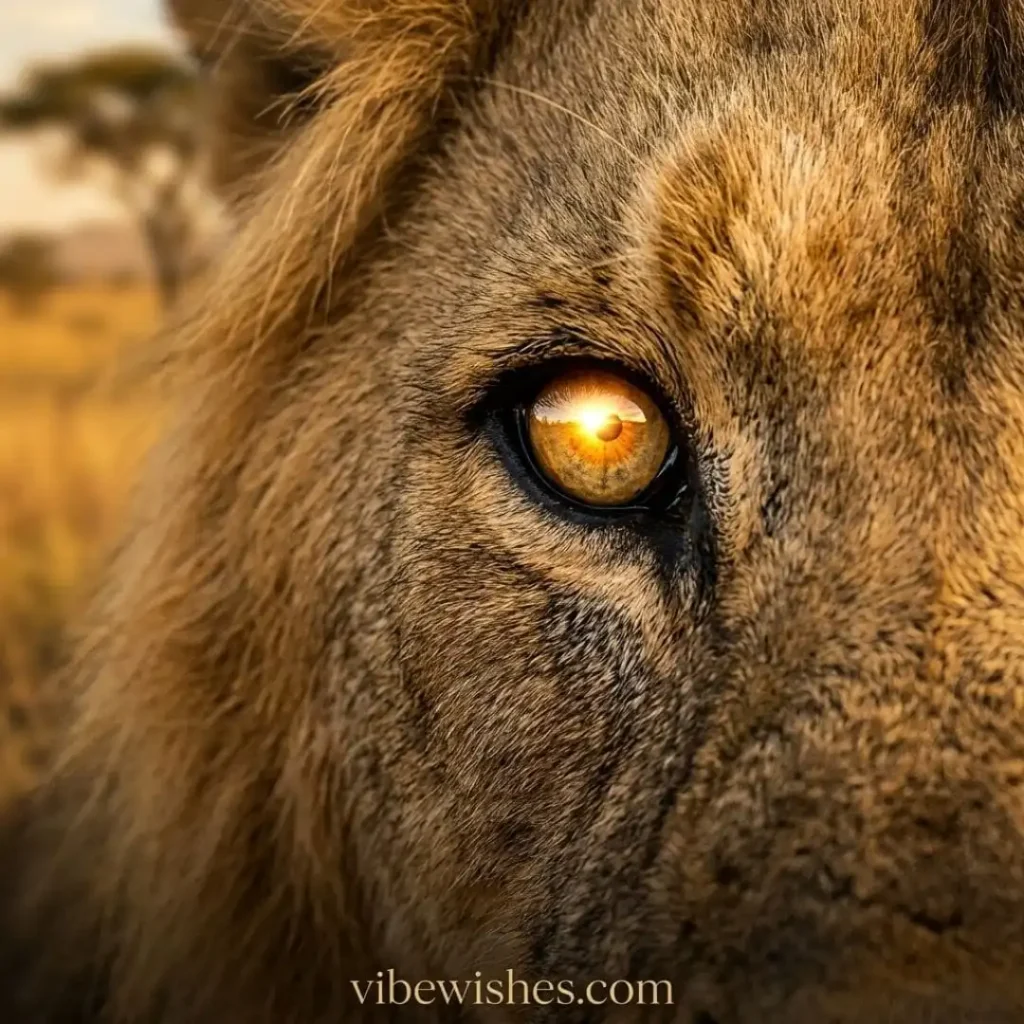 Close up of a lion's eye reflecting the sun for motivational Leo birthday quotes.