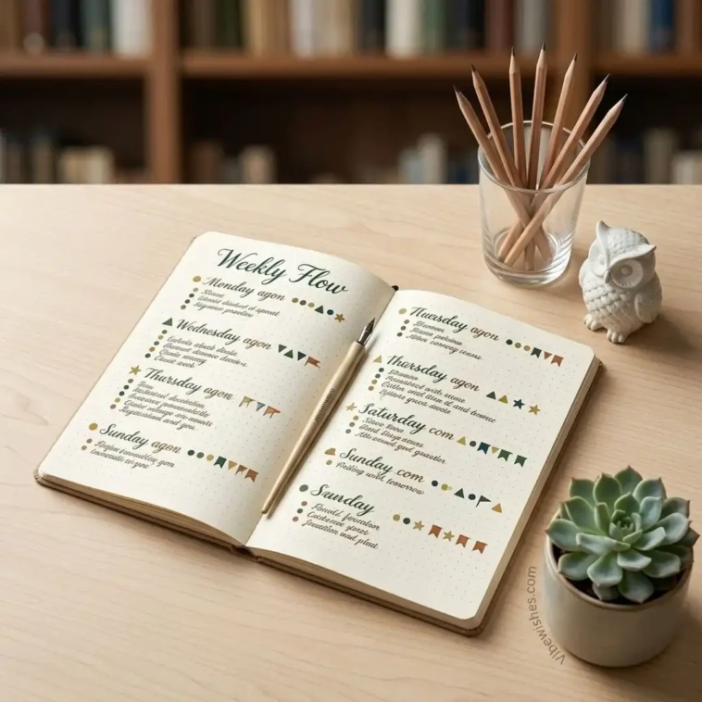 A neat weekly planner with pencils and a cactus for Virgo birthday quotes.