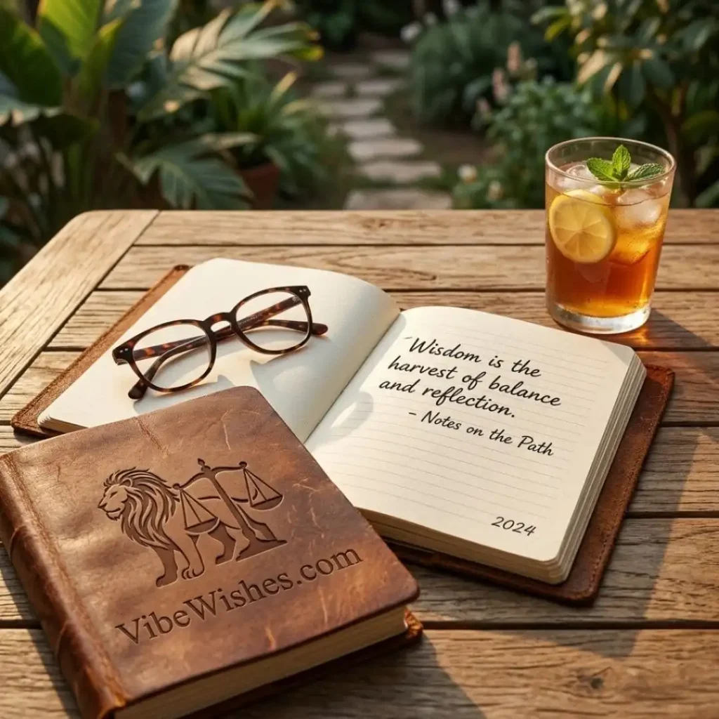 An open journal with a wisdom quote and iced tea for August born quotes.