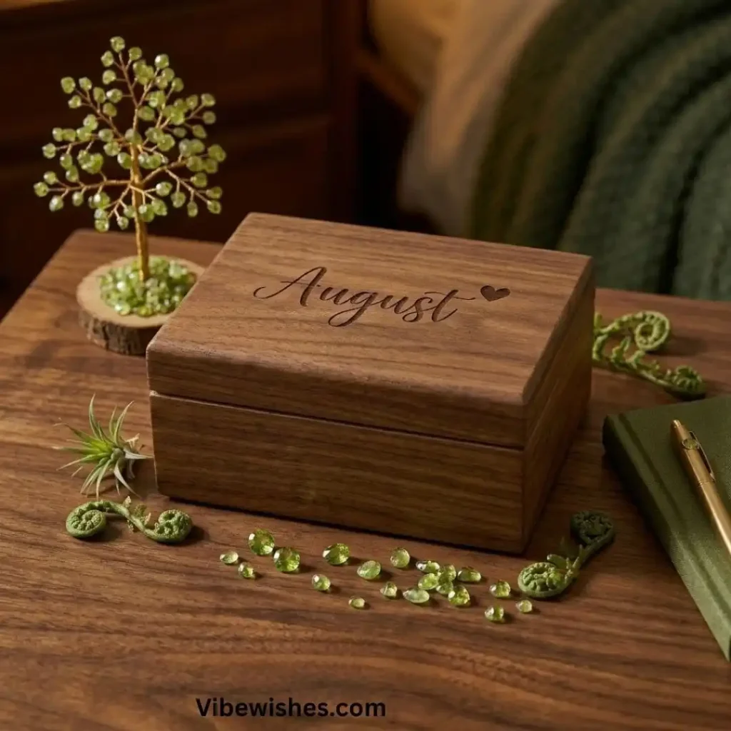 A personalized wooden box with peridot crystals as August birthstone gifts.