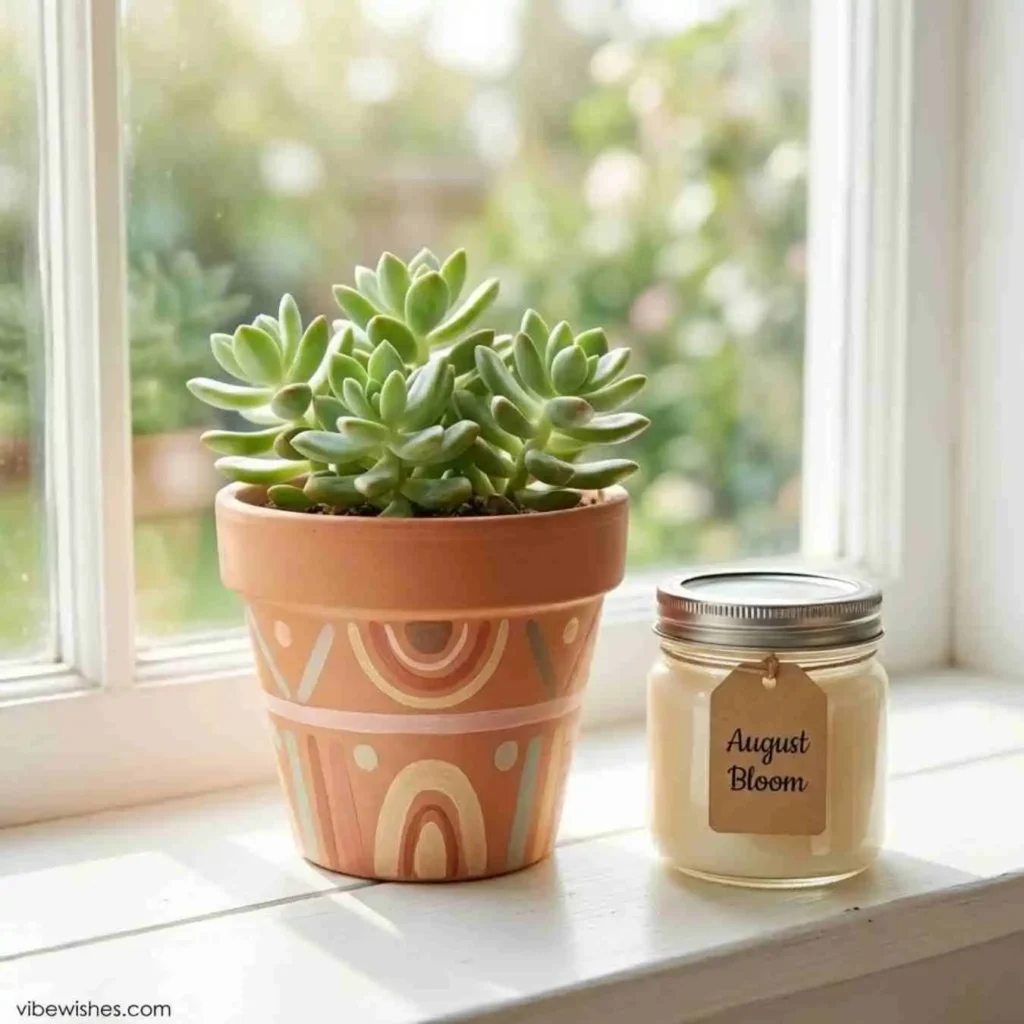 A hand-painted succulent pot and candle for a DIY August birthday gift.