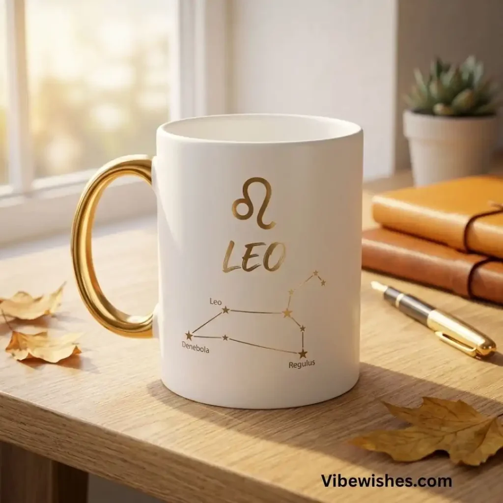 A white ceramic mug with a gold handle and Leo constellation for a Leo birthday gift.