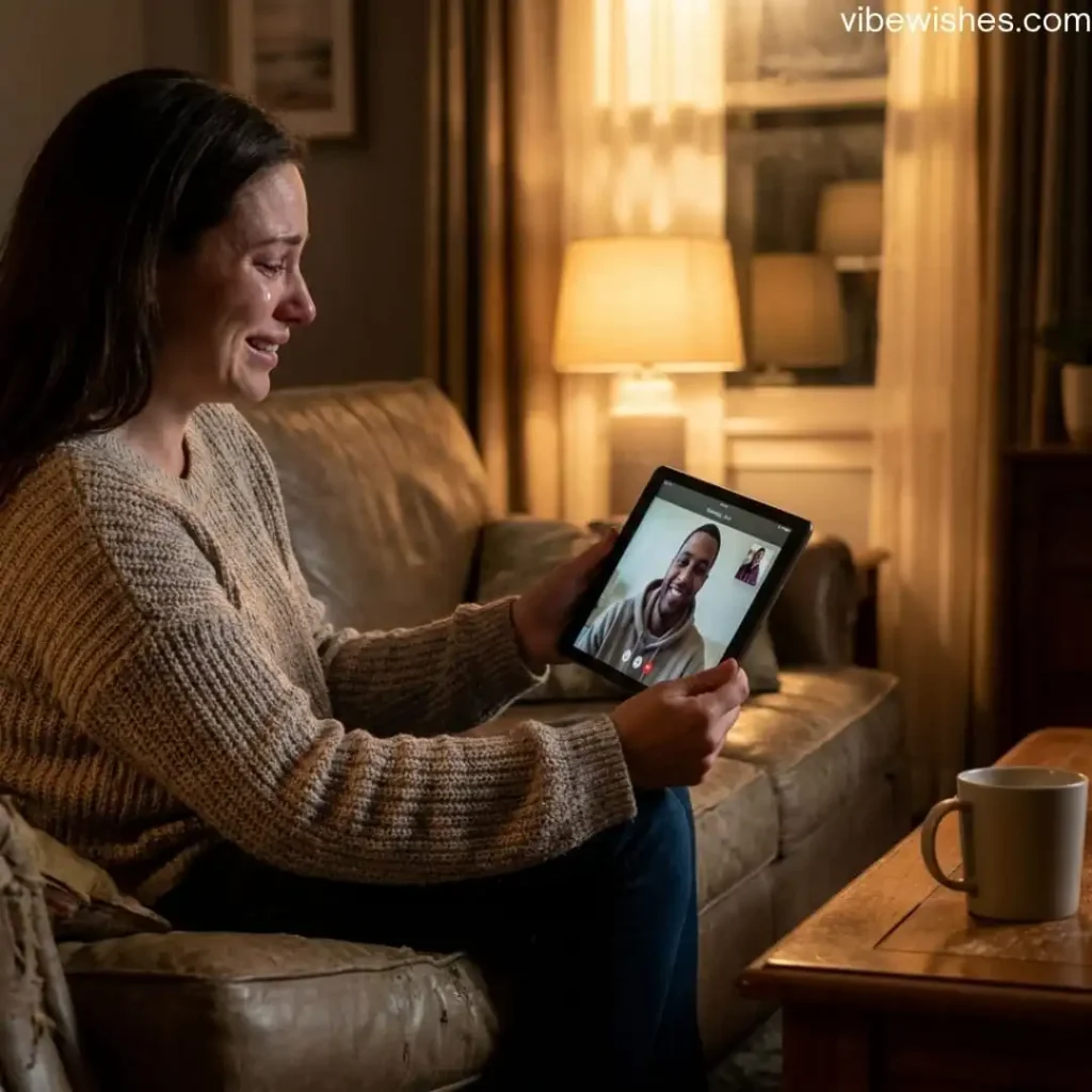 Long distance video call showing Heart Touching Birthday Greetings for Wife.