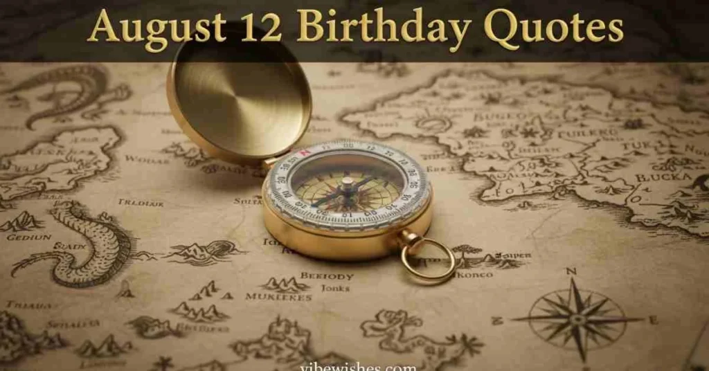 A vintage brass compass resting on an old world map, representing August 12 birthday quotes for new adventures.