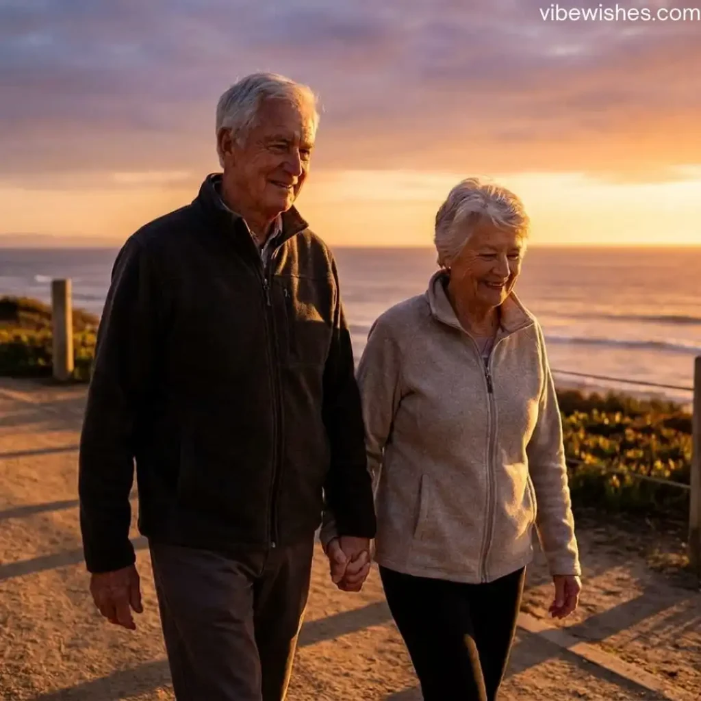 A senior couple walking hand-in-hand along the coast during sunset, a perfect moment for beautiful birthday notes to my wife.