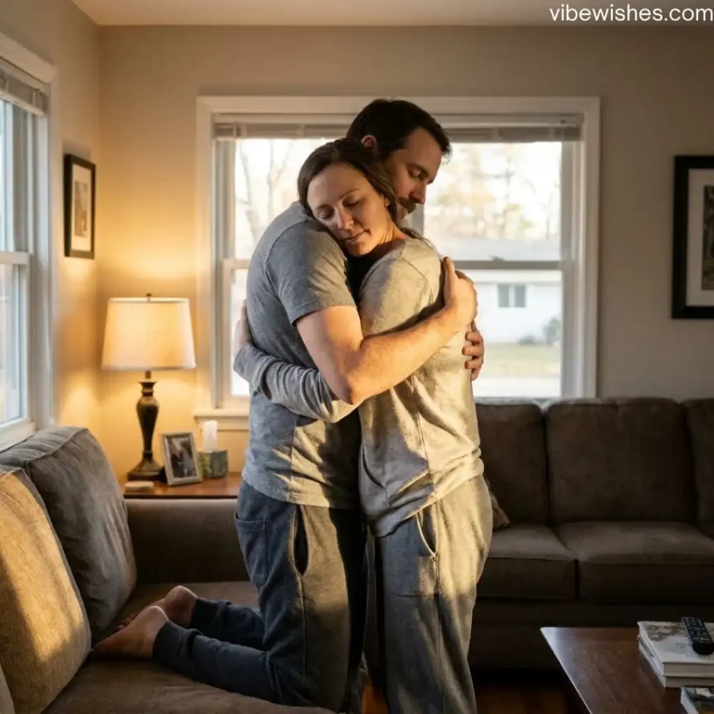 A couple sharing a deep, emotional embrace in their living room, symbolizing sweet birthday greetings to wife.