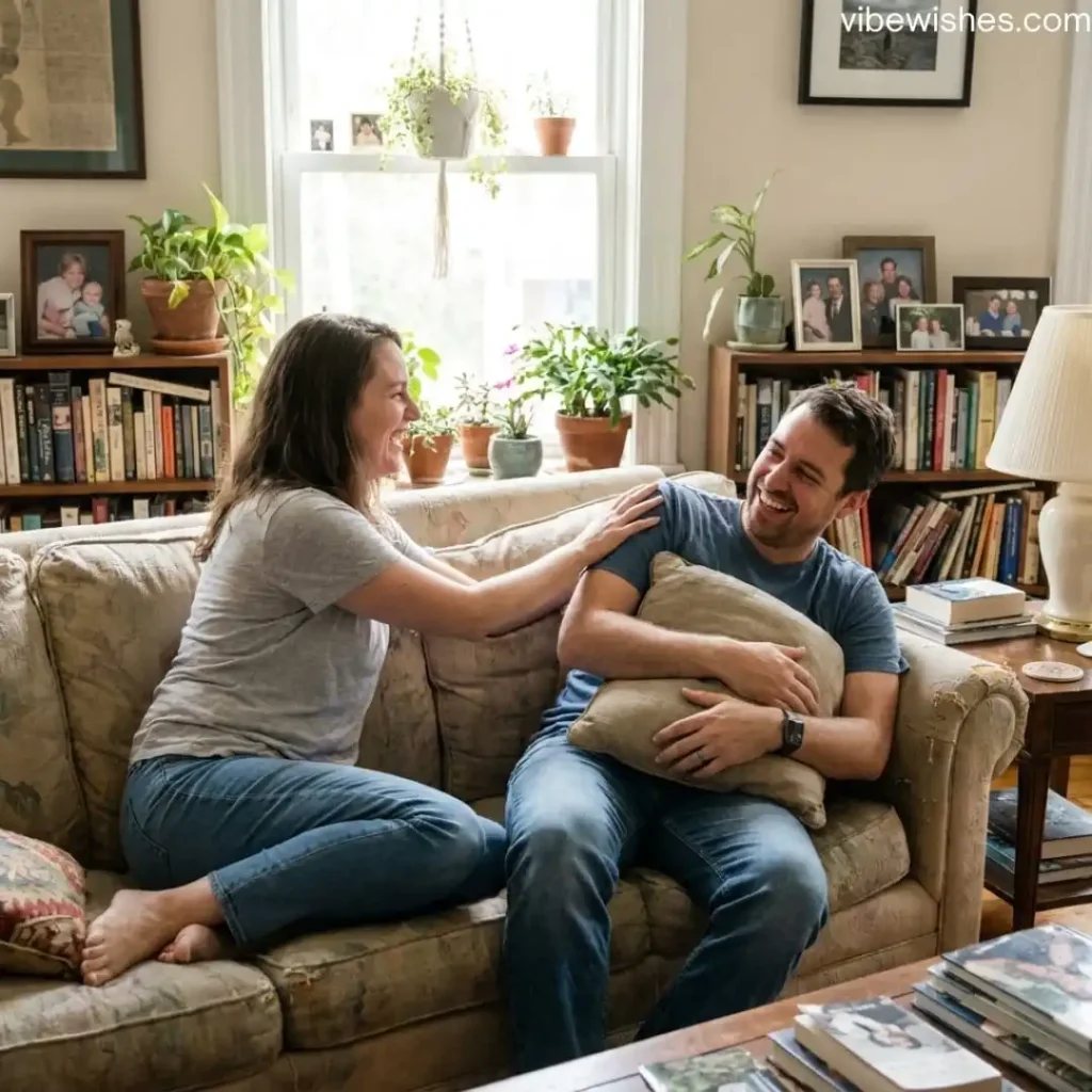 A couple hugging tightly in their living room, capturing the emotion of cute birthday texts for wife.