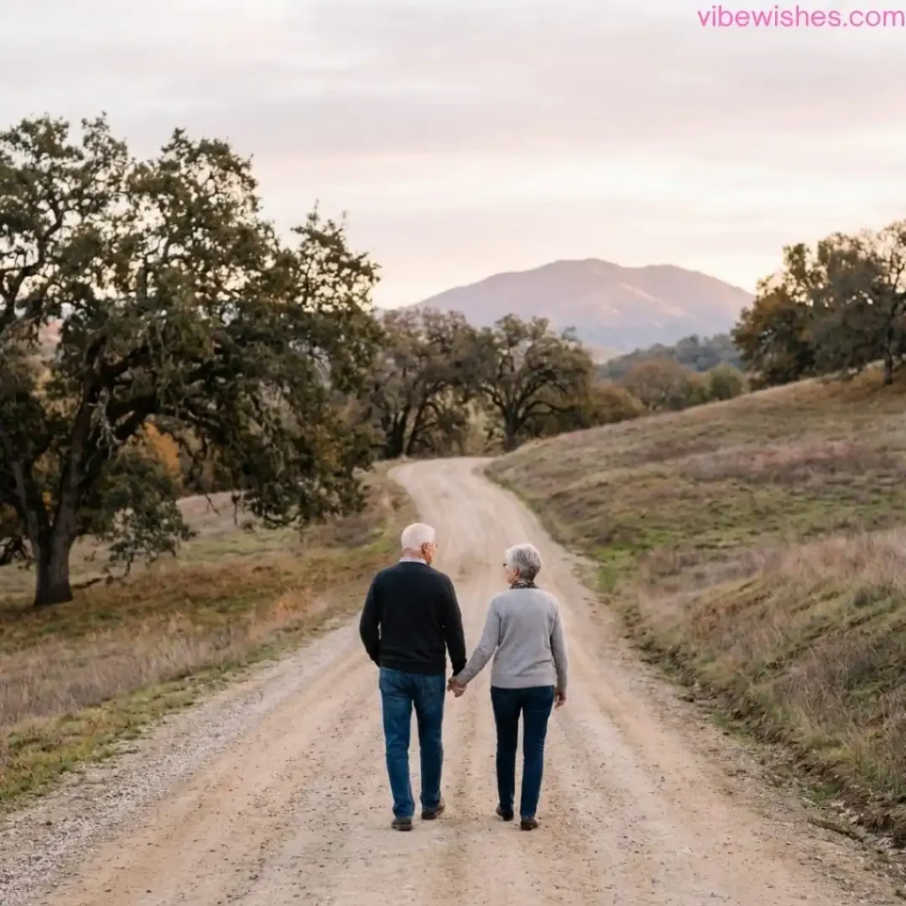An older couple holding hands and walking down a country road, reflecting deep birthday sentiments for wife.