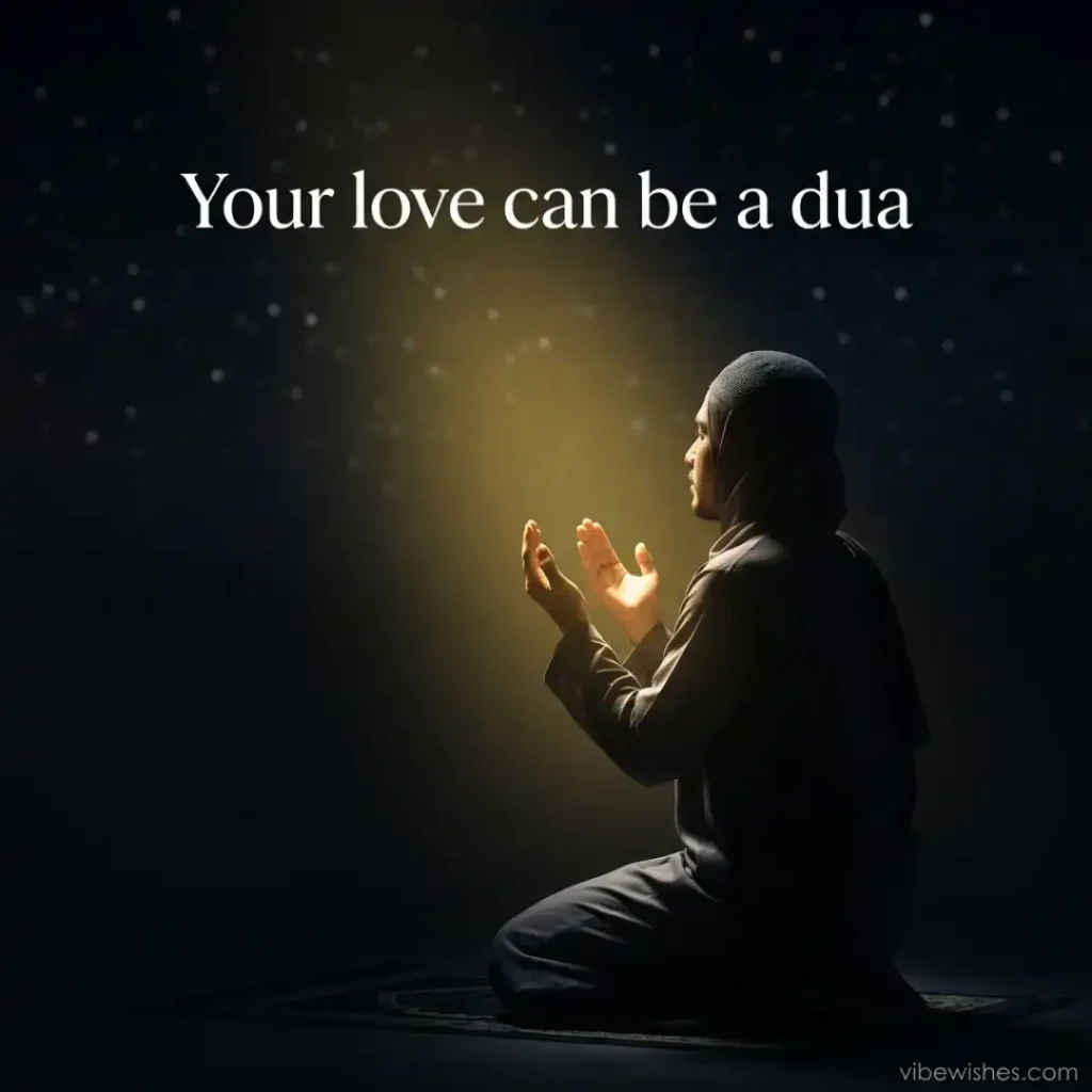 A Muslim man holding his hands up in dua under a soft beam of light against a starry night background, perfect for Islamic birthday messages for husband.