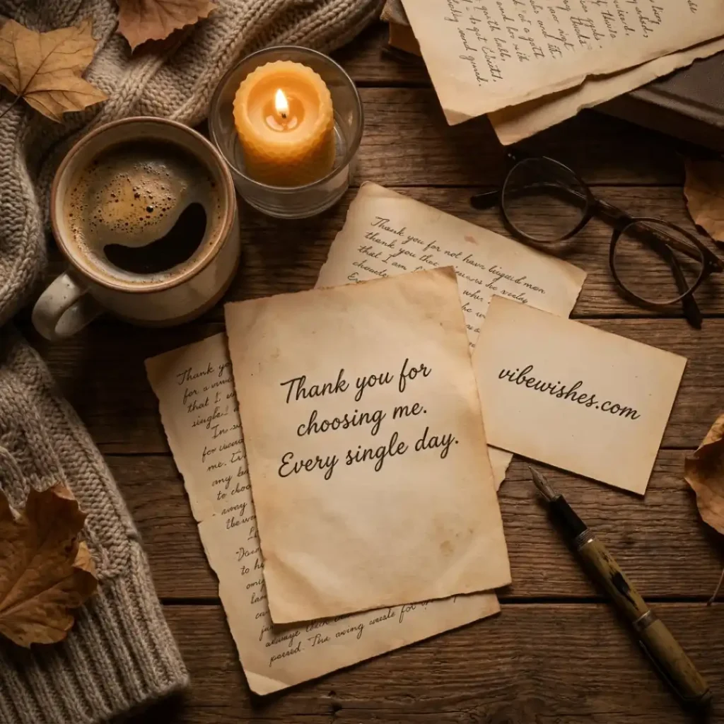 A cozy overhead shot of vintage paper on a wooden desk saying thank you for choosing me every single day, ideal as a theme for Long Birthday Letters for Wife.