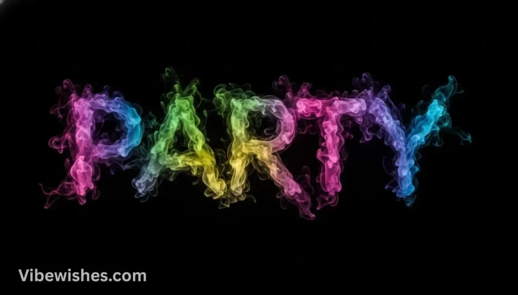 The word "PARTY" written in colorful smoke against a black background for an august 14 birthday bash.