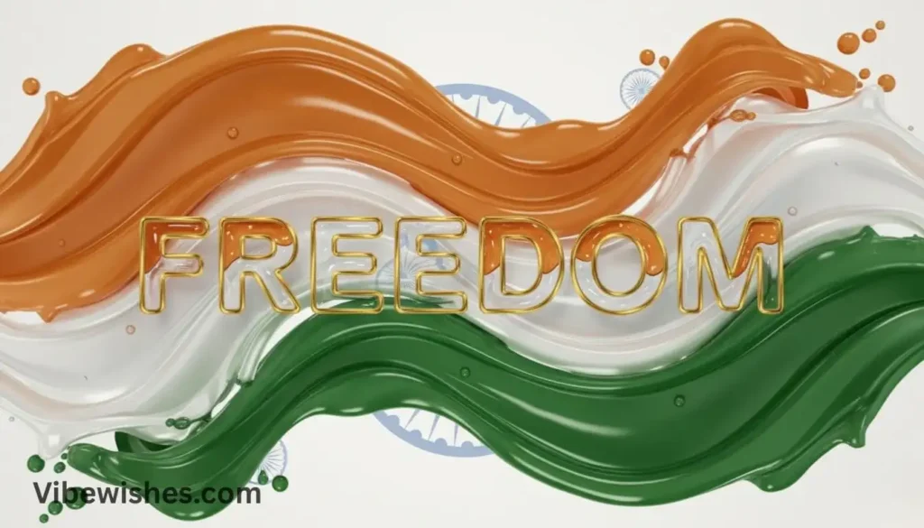 The word "FREEDOM" rendered in clear, golden-edged liquid text against a backdrop of flowing saffron, white, and green liquid representing the Indian flag, a powerful symbol for an august 15 birthday.