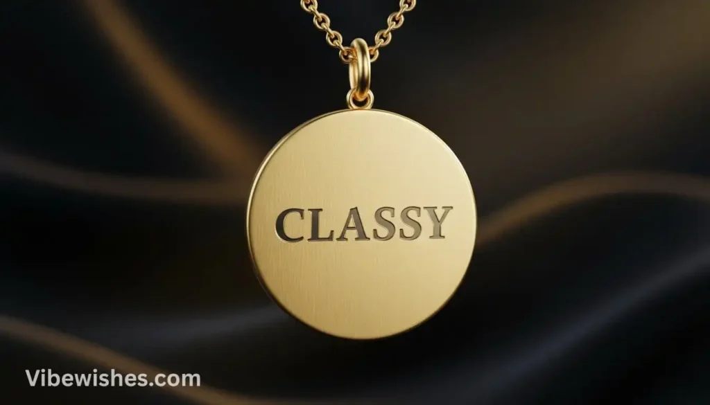 A gold circular pendant engraved with the word "CLASSY" for an August 16 birthday gift idea.