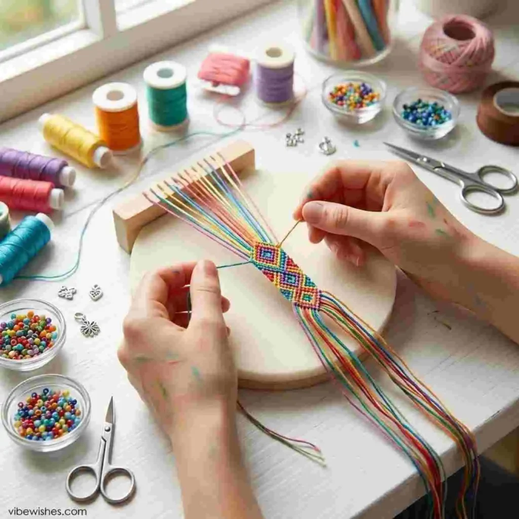 Person weaving a colorful bracelet as a DIY August birthday gift.