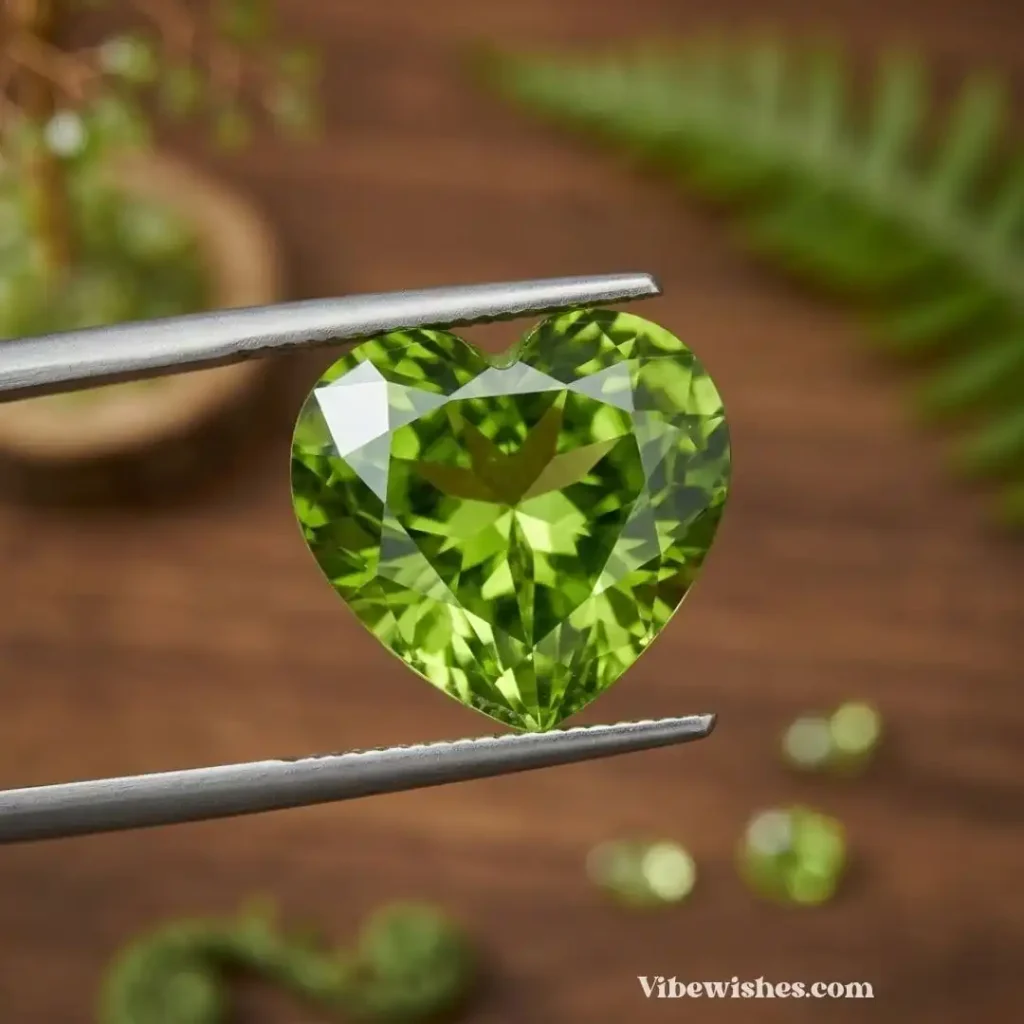 A heart-shaped peridot gemstone held by tweezers for August birthstone gifts.