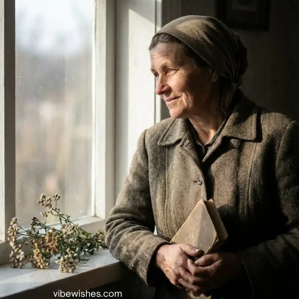An elderly woman holding an old book and looking out the window, inspiring deep birthday sentiments for wife.