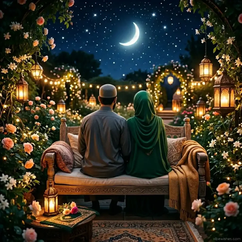 A Muslim couple viewed from behind sitting on a garden bench under a starry night sky with a crescent moon, capturing romantic Islamic birthday messages for husband.