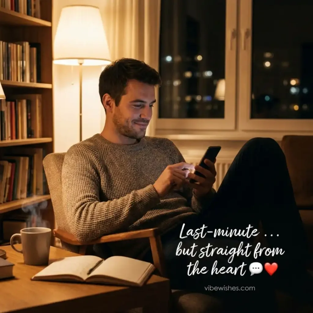 A man sitting comfortably in an armchair at night, smiling at his smartphone screen next to the text last-minute but straight from the heart.