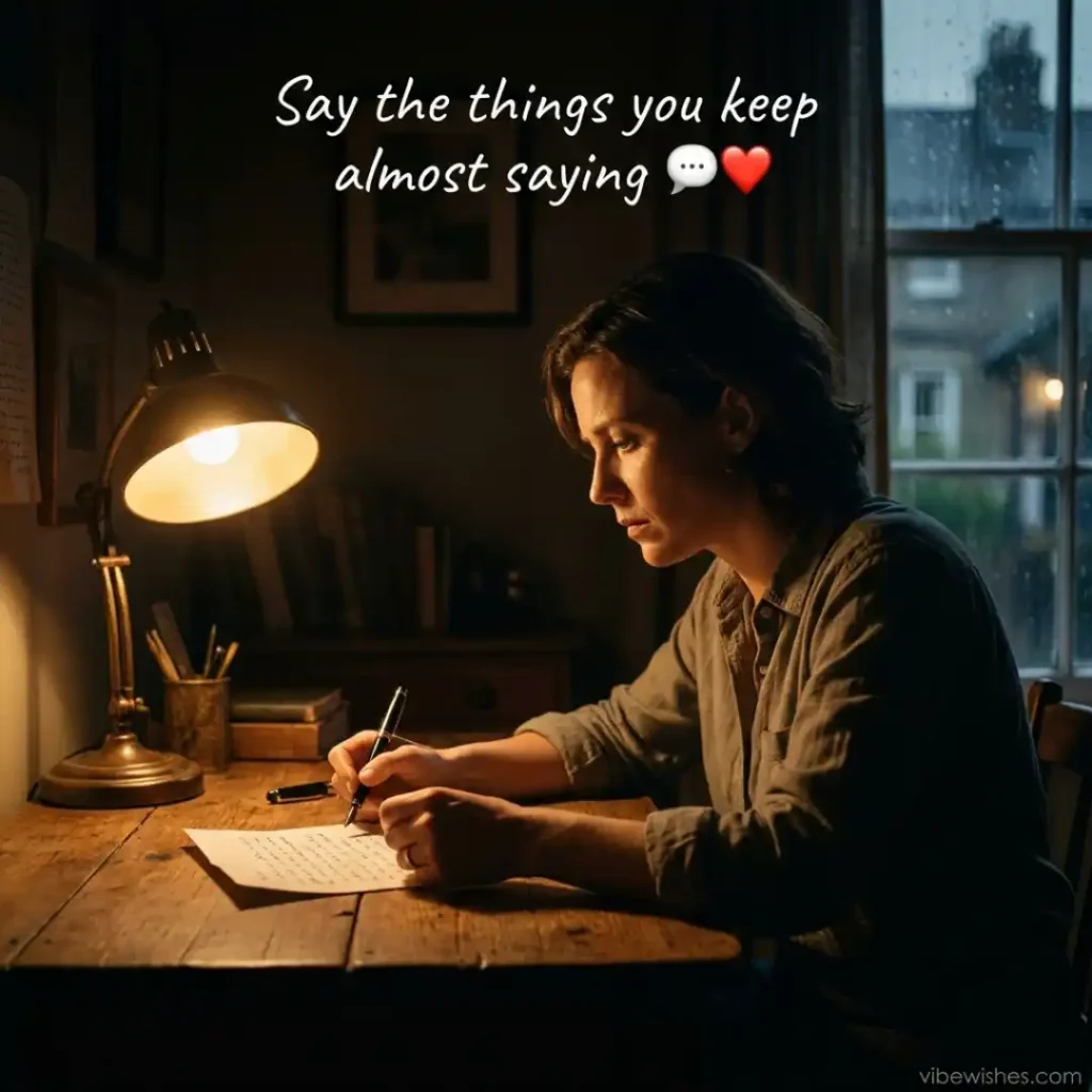 A woman sitting at a wooden desk at night under a lamp writing on a piece of paper, representing the deep thought put into Long Birthday Letters for Wife.