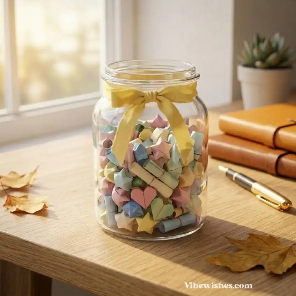 A glass jar filled with colorful paper origami stars as a Leo birthday gift.
