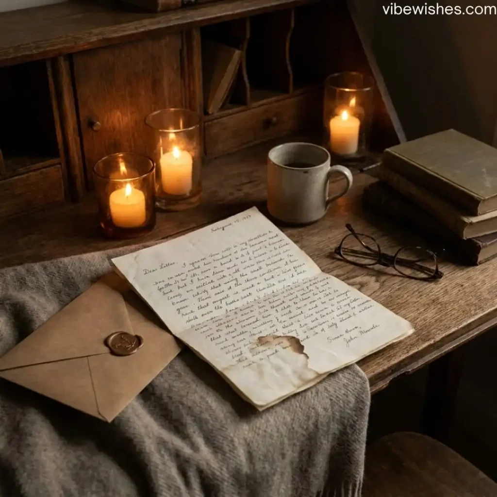 An antique wooden desk with burning candles, glasses, a coffee cup, and old-fashioned birthday notes to my wife.