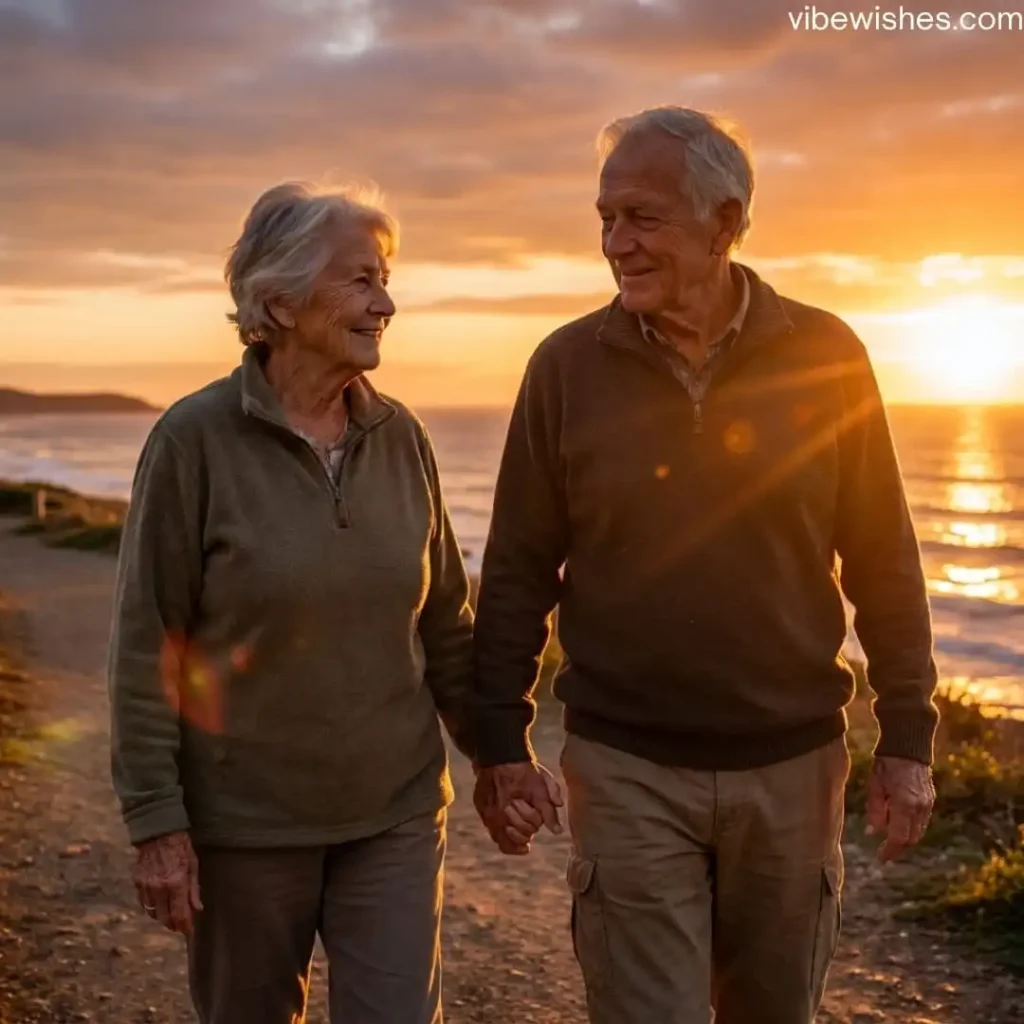 An elderly couple holding hands and walking along the beach at sunset, embodying lifelong sweet birthday greetings to wife.