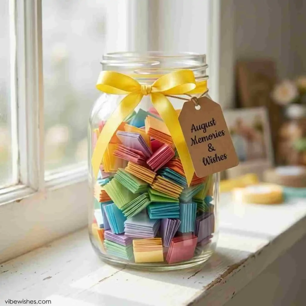 A glass jar filled with notes as a DIY August birthday gift.