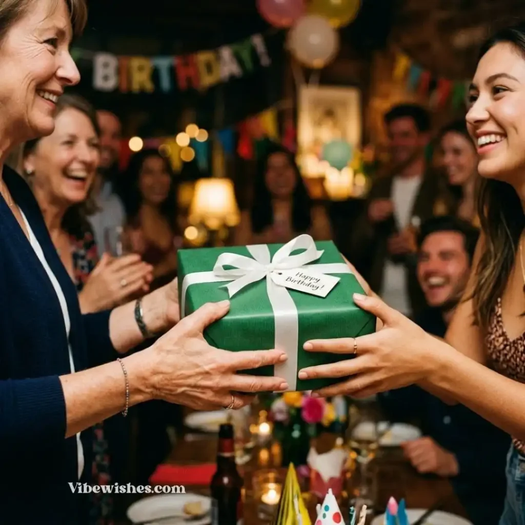 A woman receiving a green wrapped present during a celebration for August birthstone gifts.