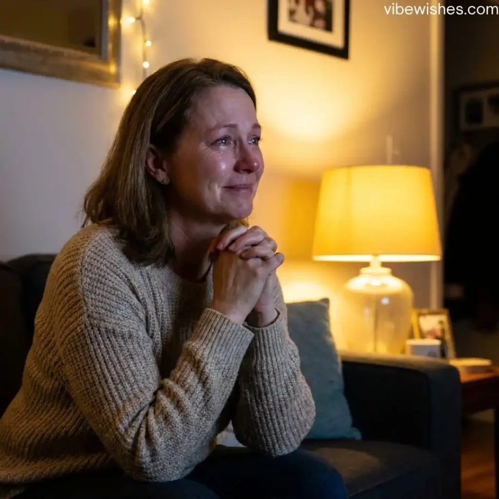 A woman crying while writing an emotional love letter by candlelight, showing heartfelt birthday tributes to wife.