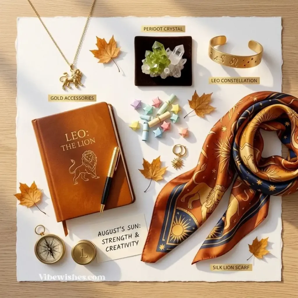 A curated selection of Leo accessories including a scarf, notebook, and peridot crystal.