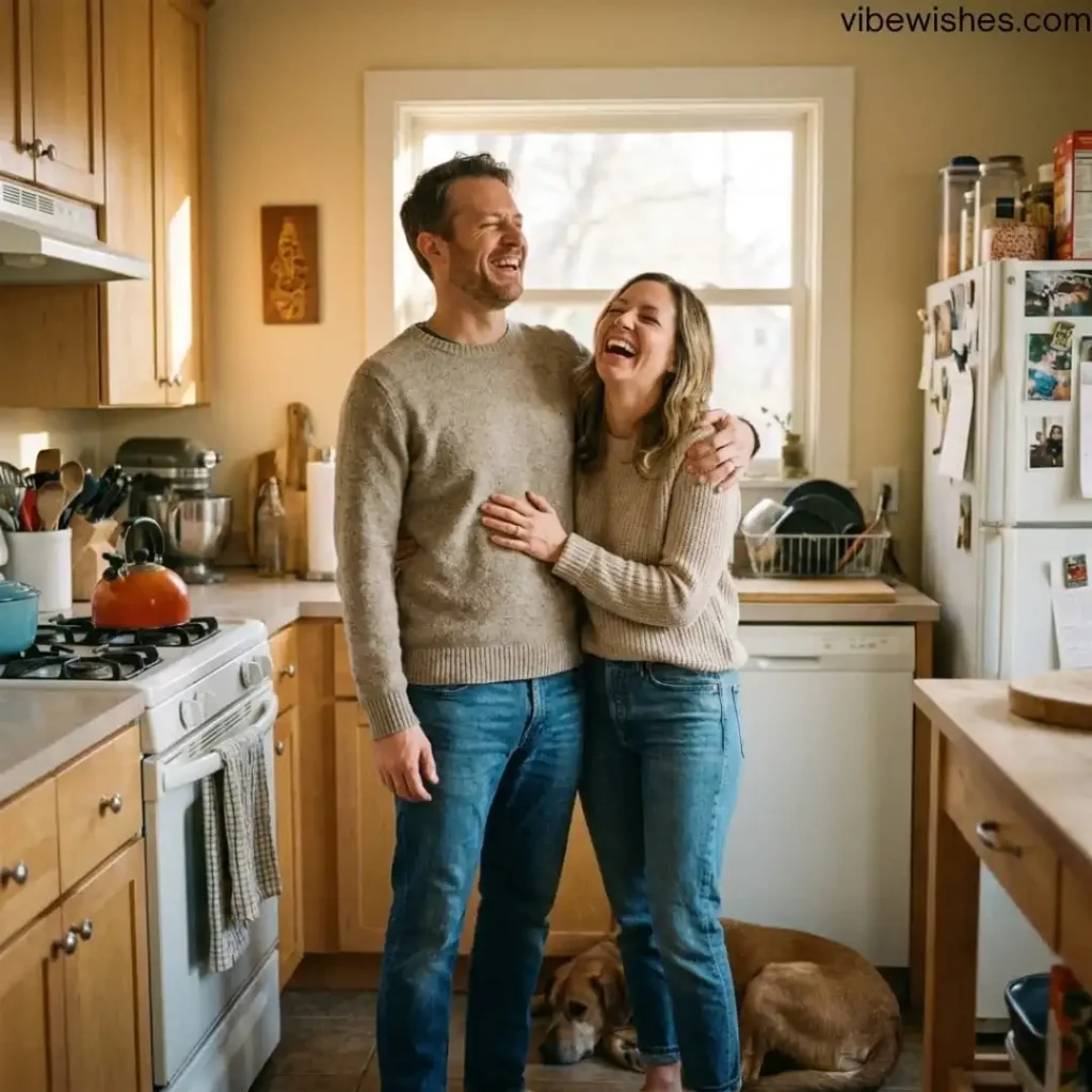 A man and woman laughing in a kitchen with their dog, illustrating funny birthday sayings for wife.