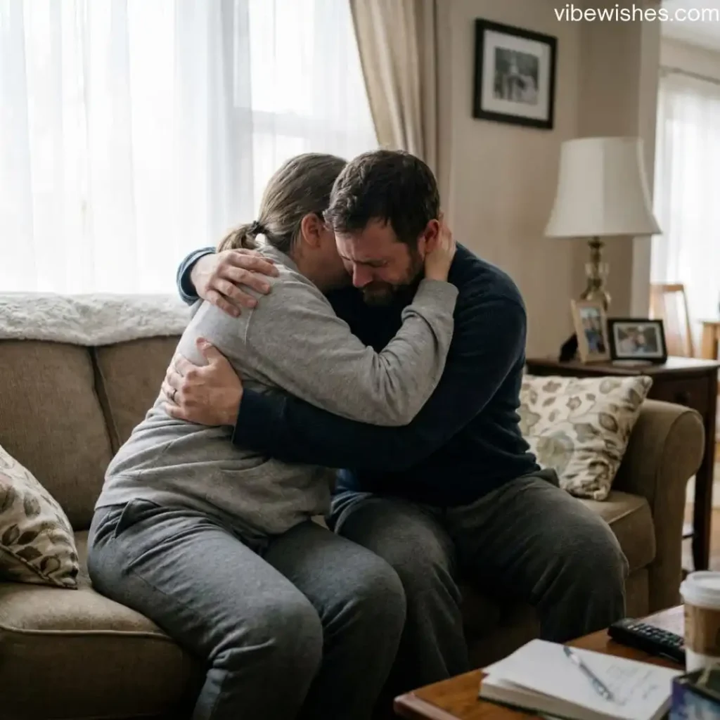 A couple sharing a powerful, emotional hug on the living room sofa, showcasing the deep love behind birthday notes to my wife.