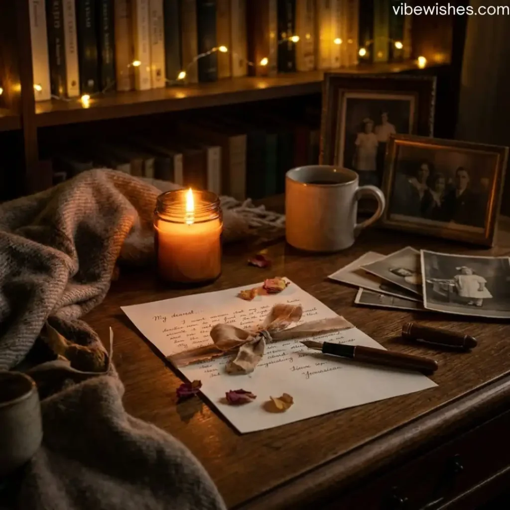 A handwritten love letter tied with a ribbon next to a burning candle, ideal for sweet birthday greetings to wife.