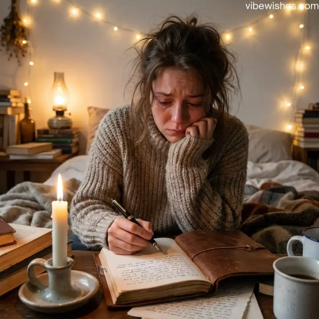 A woman crying while writing an emotional love letter by candlelight, showing deep birthday sentiments for wife.