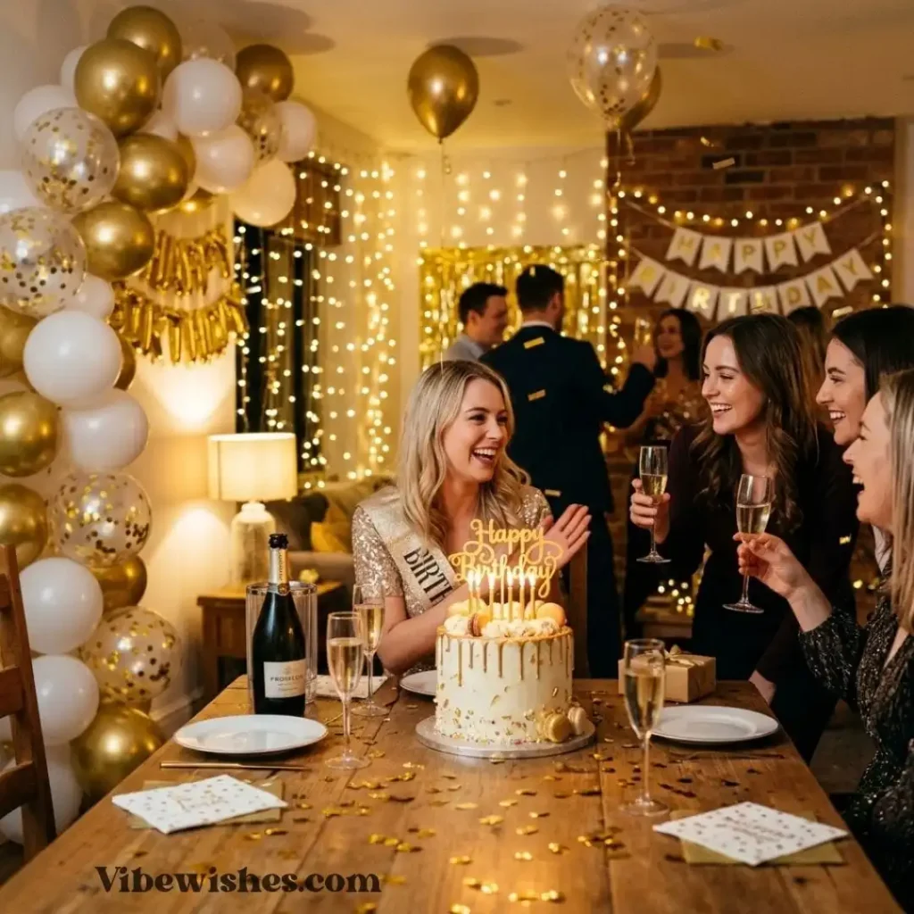A woman celebrating her birthday with friends and a Leo birthday gift cake.