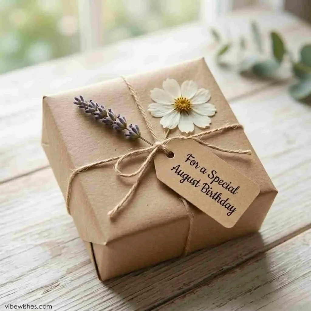 A gift box wrapped in brown paper for a DIY August birthday gift.