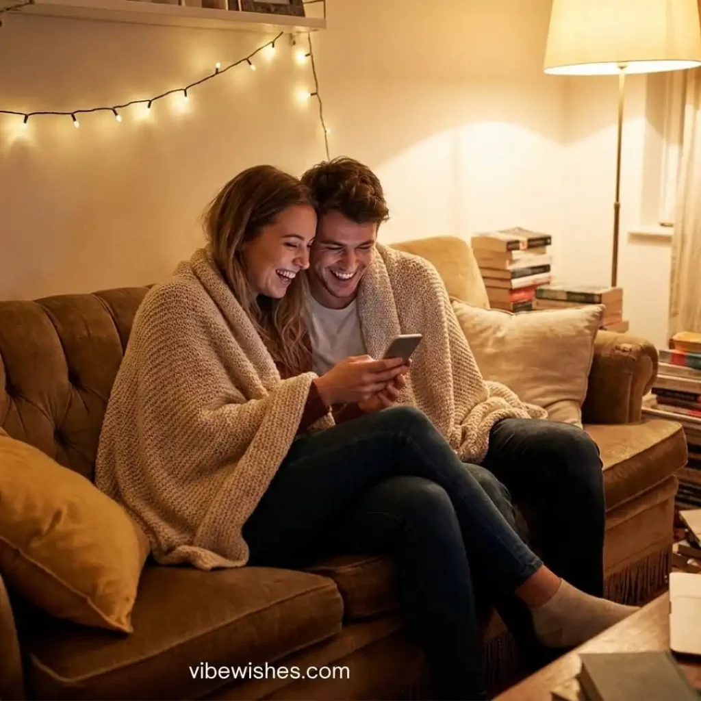 A couple relaxing under a blanket on the sofa at night, talking about cute birthday texts for wife.