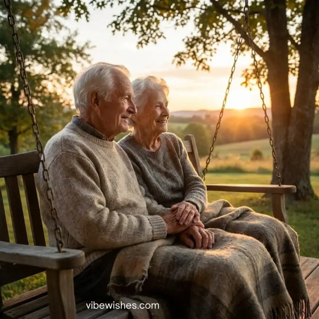 A senior husband and wife sitting on a porch swing at sunset, a symbol of deep birthday sentiments for wife.