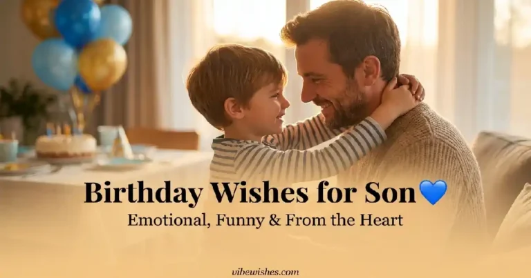 A happy father holding his young son and smiling at him with balloons and a birthday cake in the background, featuring the text Birthday Wishes for Son Emotional, Funny & From the Heart.