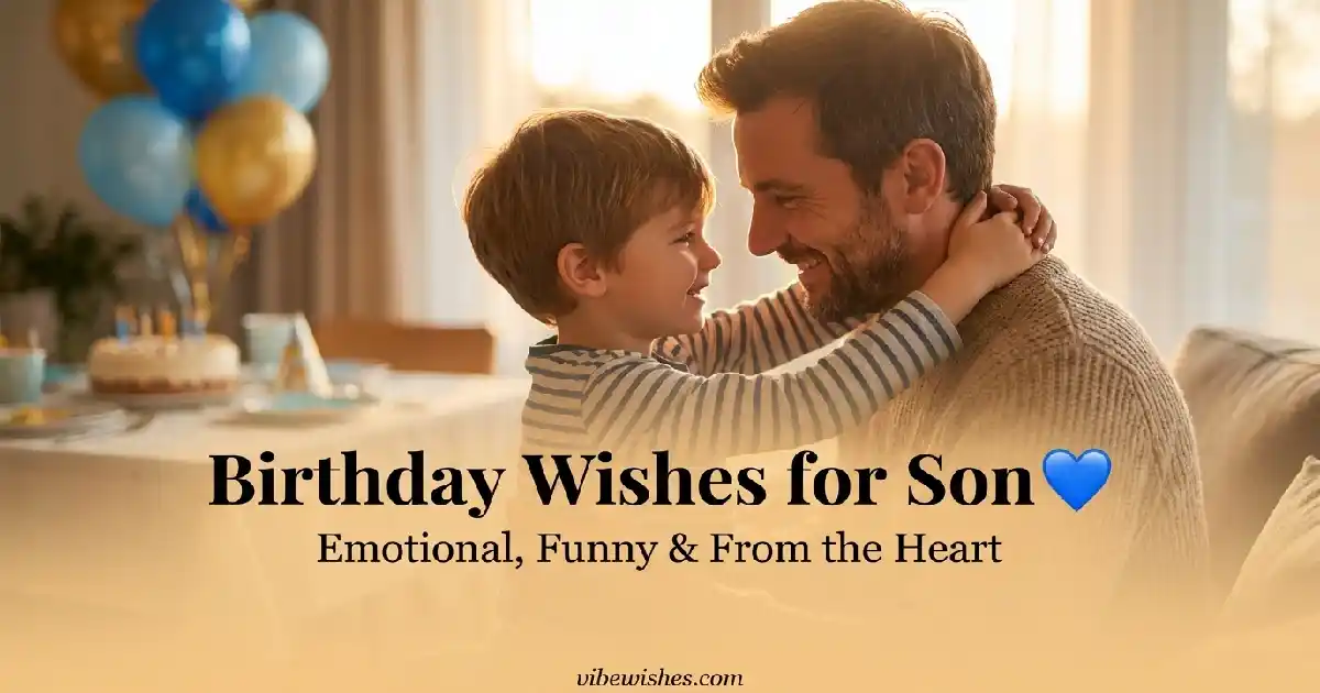 A happy father holding his young son and smiling at him with balloons and a birthday cake in the background, featuring the text Birthday Wishes for Son Emotional, Funny & From the Heart.