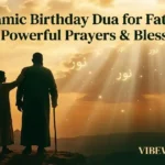 Islamic birthday dua for father featured banner showcasing an old man with a walking stick and a young boy looking at a mosque during a golden sunset.