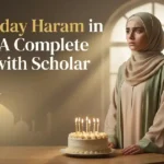 An open Holy Quran on a wooden stand in a mosque with light shining through windows, addressing the question is birthday haram in Islam.