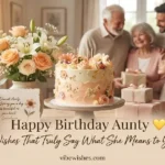 A beautiful floral birthday cake and greeting card on a wooden table with a family celebrating in the background, featuring the text Happy Birthday Aunty.