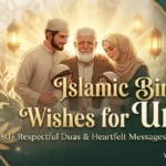 An elegant horizontal banner for an Islamic birthday wish for uncle post with an intricate golden mandala design on a deep green background.
